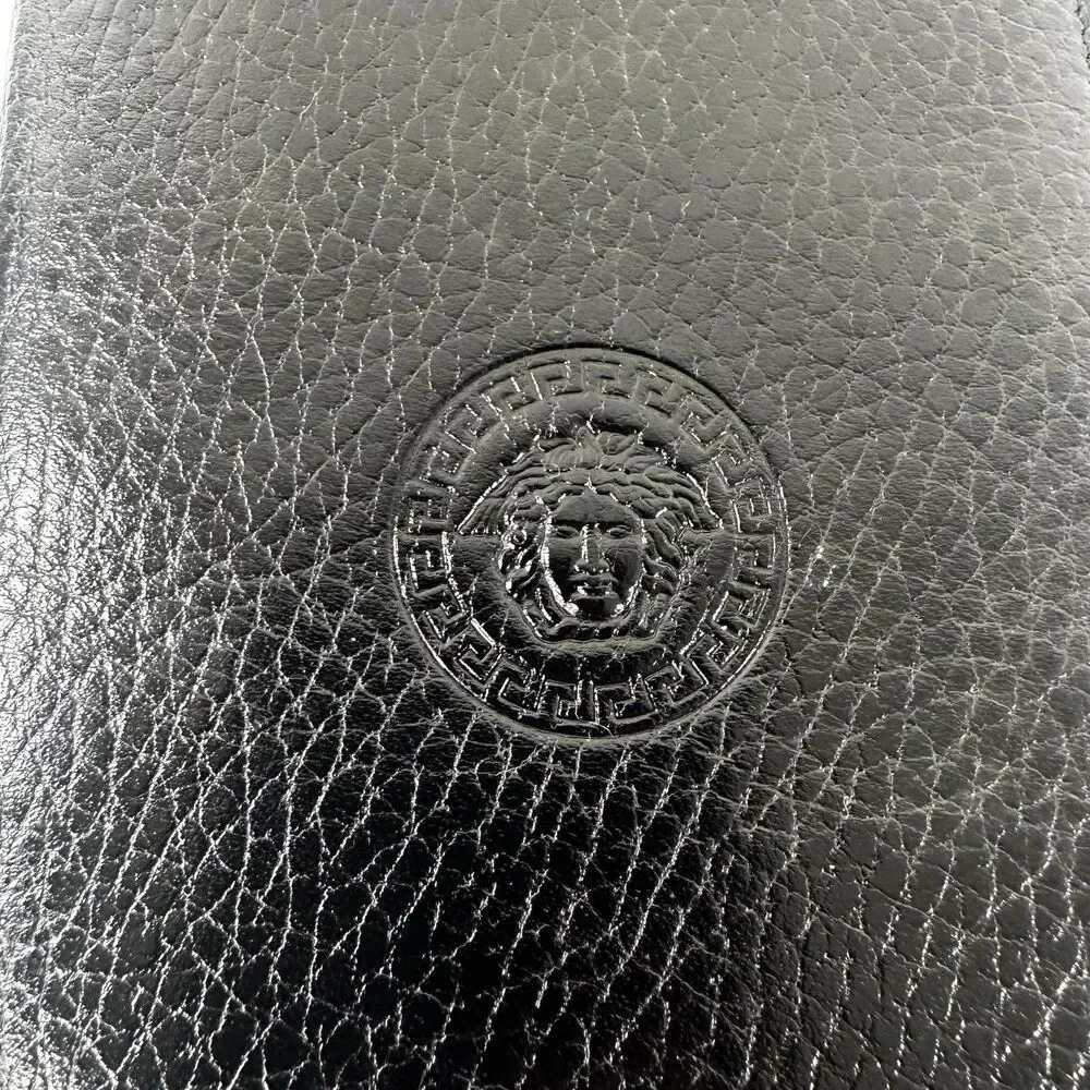Gianni Versace Long Wallet Mens Vertical Black Leather Medusa Logo Bifold Italy